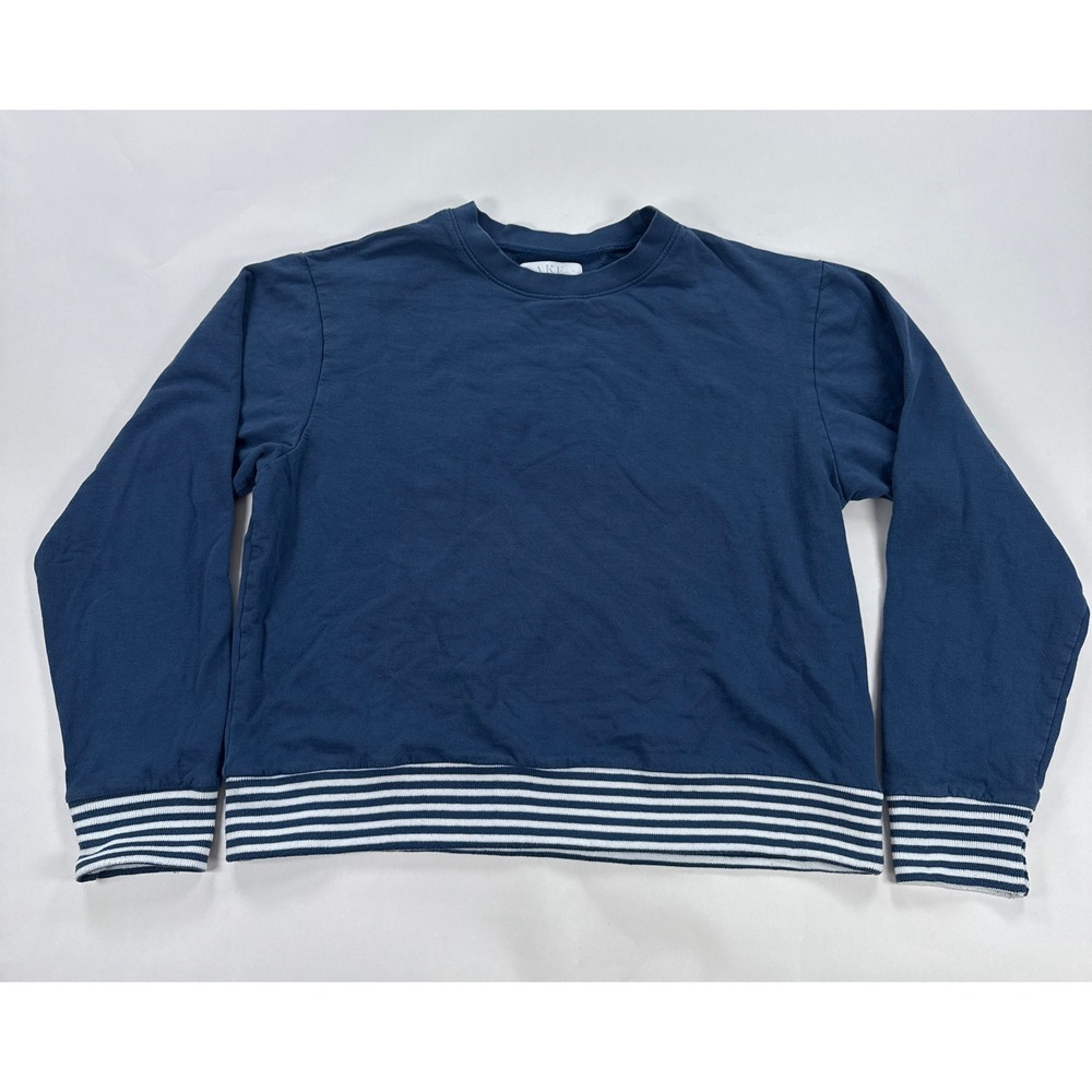 LAKE Womens Sweatshirt Large Navy Blue Striped Trim Cotton Coastal Minimalist